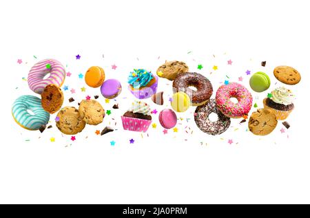 Confectionery and sweets levitation collage. Donuts, cupcakes, cookies, macarons flying over white background. Stock Photo