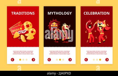 Chinese new year celebration traditions mythology 3 colorful vertical banners with  dragon red envelopes mask vector illustration Stock Vector