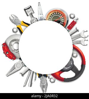 Car parts frame realistic composition with empty circle space on top of automobile tools and elements vector illustration Stock Vector