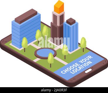 Isometric taxi navigation composition with image of smartphone with city block on top vector illustration Stock Vector