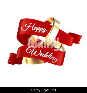 Wedding rings composition of red ribbon with editable ornate text and golden rings on blank background vector illustration Stock Vector