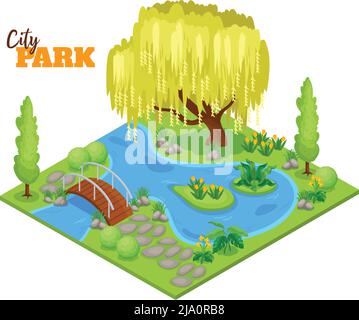 City park concept with lake plants and trees isometric  vector illustration Stock Vector