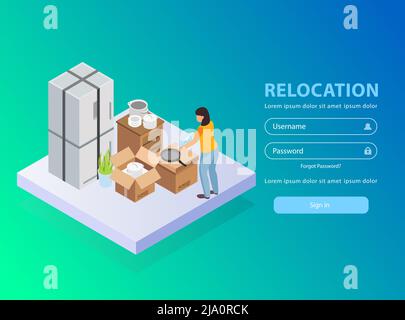 Relocation service application background with username and password isometric vector illustration Stock Vector