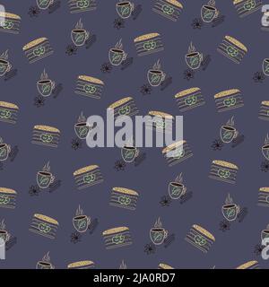 Apple pea and coffee, dark seamless pattern Stock Vector