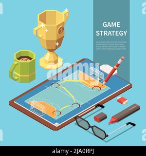 Isometric composition with game strategy drawn on paper with sport field 3d vector illustration Stock Vector