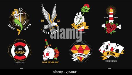 Old school tattoo elements flat colorful set with making love risk symbols black background isolated vector illustration Stock Vector