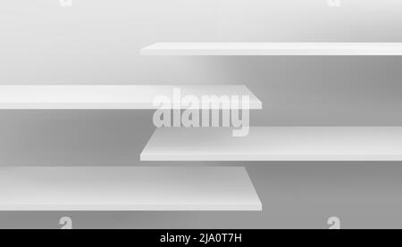 Long 3d empty blank wooden or plastic shelves mockup on wall. Template of shop book and magazine store organization for merchandising and marketing. V Stock Vector