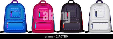Set with four isolated realistic images of school backpacks of different color with shadows on blank background vector illustration Stock Vector