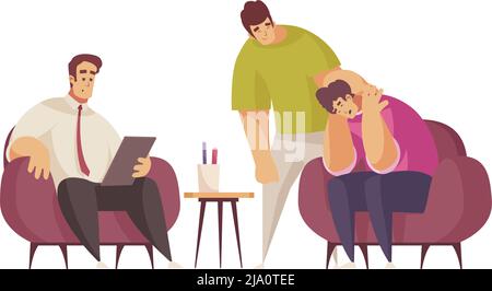 Psychology therapy composition with characters of male clients and psychologist on session vector illustration Stock Vector
