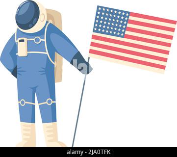 Mars colonization composition with astronaut in spacesuit holding american flag vector illustration Stock Vector