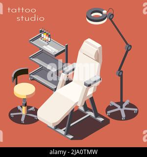 Tattoo studio professional furniture equipment isometric advertising background poster with client armchair workstation floor lamp vector illustration Stock Vector