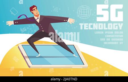 Internet technology horizontal illustration with cartoon male character standing on smartphone screen flying over world flat vector illustration Stock Vector