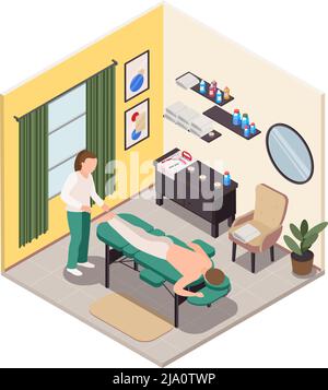 Massage therapy isometric room composition with indoor view of wellness room massage couch furniture and people vector illustration Stock Vector