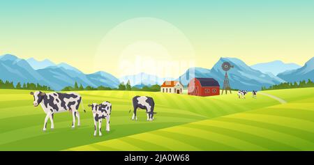 Farm summer landscape composition with outdoor scenery and cows with farming buildings mountains and wind mills vector illustration Stock Vector