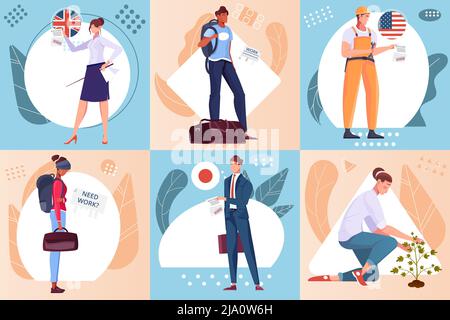 Flat composition set with male and female migrants standing with luggage and doing different jobs isolated vector illustration Stock Vector