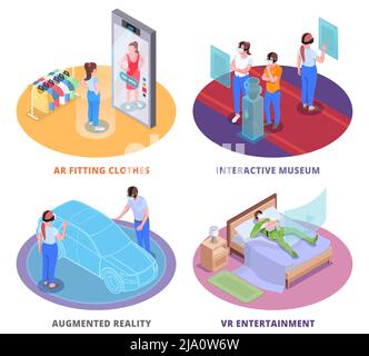 Virtual augmented reality 4 round isometric compositions with ar clothes fitting room interactive museum  entertainment vector illustration Stock Vector