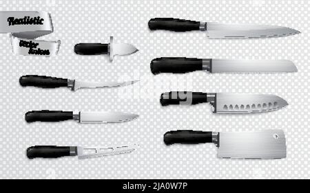 Kitchen butchers knives set closeup realistic image with boning slicer carver chef cleaver transparent background vector illustration Stock Vector