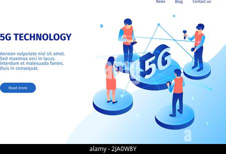 Isometric 5g internet horizontal banner with white background and clickable website links with text and people vector illustration Stock Vector