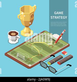 Football game strategy on sheet of paper pencil markers glasses cup on blue background 3d isometric vector illustration Stock Vector