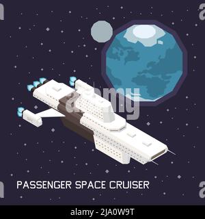 Isometric composition with big space ship transporting passengers 3d vector illustration Stock Vector