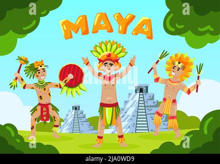Maya civilization landscape composition with text and cartoon style mayan tribe members in front of pyramids vector illustration Stock Vector