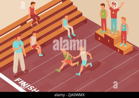 Sport competition isometric composition with indoor venue victory podium and race track with running children characters vector illustration Stock Vector