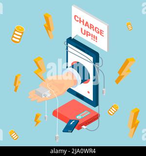 Colorful isometric composition with electronic gadgets and human hand holding charger 3d vector illustration Stock Vector