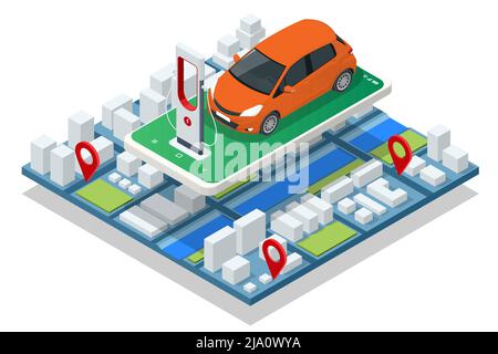 Isometric EV charger station application on mobile. Car charger. Electromobile charging station. Stock Vector