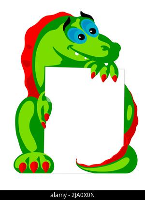 Funny illustration of a colorful dinosaur holding a white signboard Stock Photo