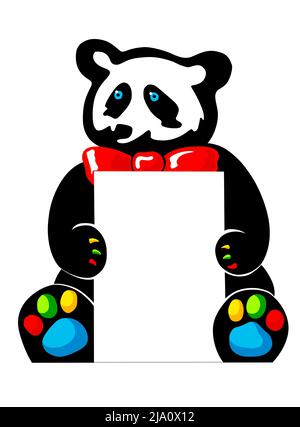 Funny illustration of a sitting colorful panda bear holding a white signboard Stock Photo