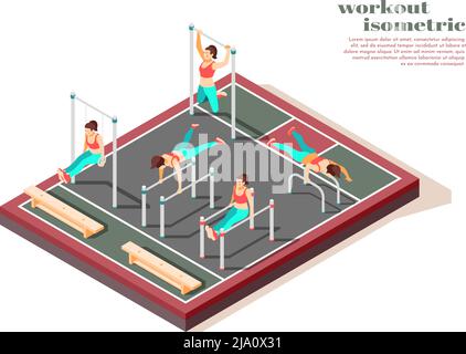 Horizontal parallel bars pull ups and gymnastics rings total body workout for women isometric composition vector illustration Stock Vector