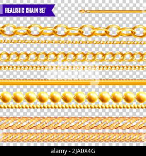 Set of isolated realistic chain transparent colourful images with golden jewelry various patterns and different shapes vector illustration Stock Vector