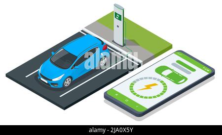 Isometric EV charging station for electric car with mobile app display charger status. Car charger. Electromobile charging station. Stock Vector