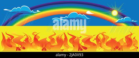 Ukraine flag illustration. Ukraine is engulfed in the fire of war, but God sent clouds of rain to extinguish the flames of war and discord. A rainbow Stock Vector