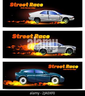 Horizontal banners set with fast race cars on dark background isolated vector illustration Stock Vector