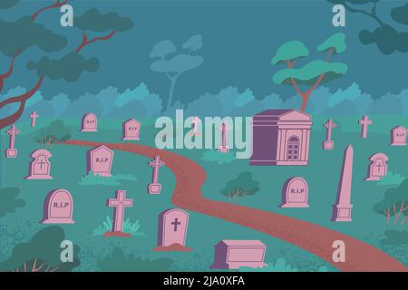 Cemetery flat composition with outdoor night landscape and stone graves on ground with grass and trees vector illustration Stock Vector