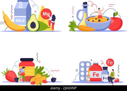 Vitamins in products concept icons set with food symbols flat isolated vector illustration Stock Vector