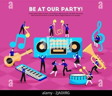 Music background composition of editable text description music instruments key note symbols and small people characters vector illustration Stock Vector