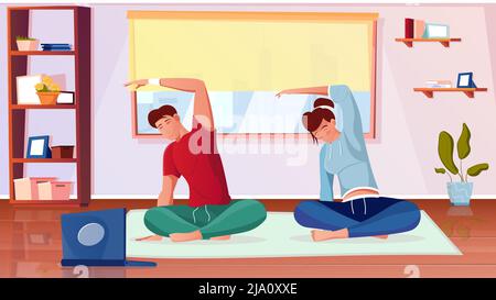 Training fit online flat composition with sitting people practicing yoga at home looking at laptop course vector illustration Stock Vector