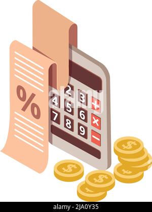 Mortgage isometric composition with images of calculator bunch of coins and receipt with percentage vector illustration Stock Vector