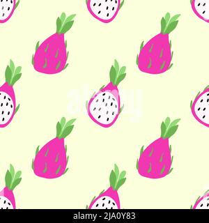 Seamless pythaya pattern, summer vector illustration in cartoon style. Summer, Exotic. Pitaya whole, half. Bright summer pattern Stock Vector