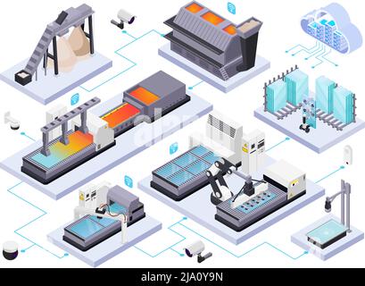 Glass production isometric composition with isolated images of glassworks industrial equipment and machines connected with lines vector illustration Stock Vector