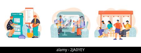 Public transport 3 flat compositions with tickets machines long distance bus interior tram waiting passengers vector illustration Stock Vector