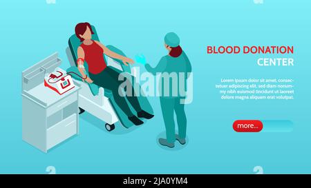 Blood donation center horizontal isometric web banner with nurse instructing donor in reclining chair vector illustration Stock Vector