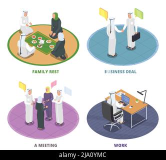 Isometric 2x2 design concept with arab people resting with family and working 3d isolated vector illustration Stock Vector