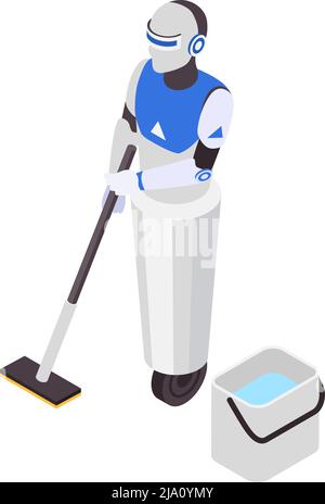 Professional cleaning service isometric composition with character of anthropomorphic robot with vacuum cleaner on blank background vector illustratio Stock Vector