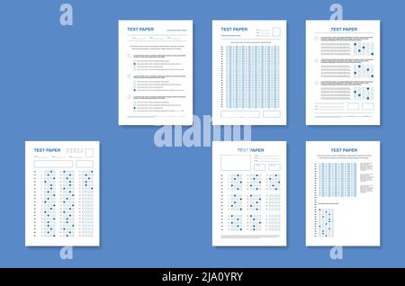 Set of four vertical test papers with realistic images of colorful exam sheets with editable text vector illustration Stock Vector