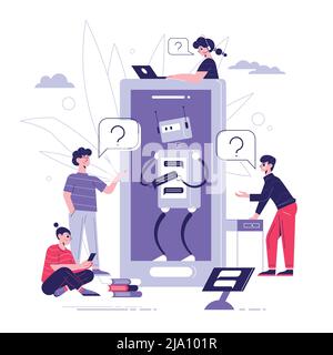 Chatbot technical support artificial intelligence software flat background composition with robot answering customer questions vector illustration Stock Vector