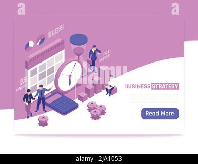 Business strategy isometric banner with creative people discussing business development plans vector illustration Stock Vector