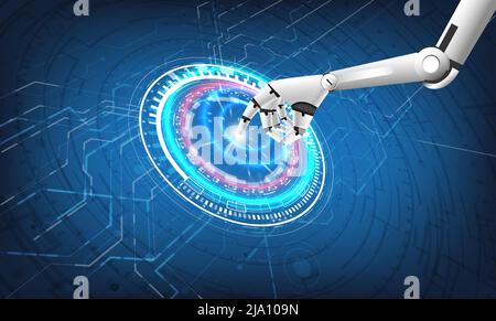 Portal and hologram science futuristic. Sci-fi digital hi-tech in glowing HUD circuit. Magic gate in game fantasy. Circle teleport podium. GUI and UI Stock Vector